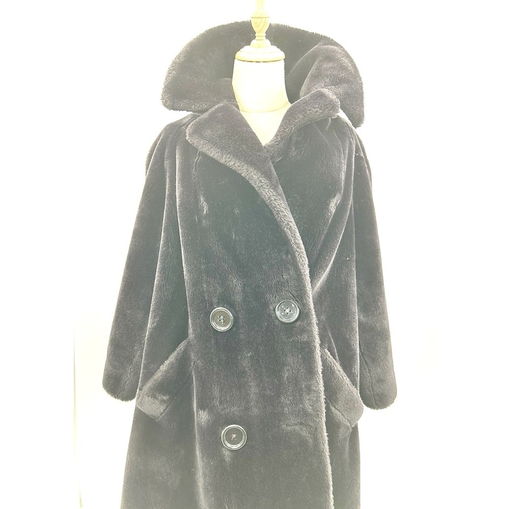 Vintage 50s Borgana by Fairmoor Lined Black Teddy Faux Fur Trench Coat Womens‎ L